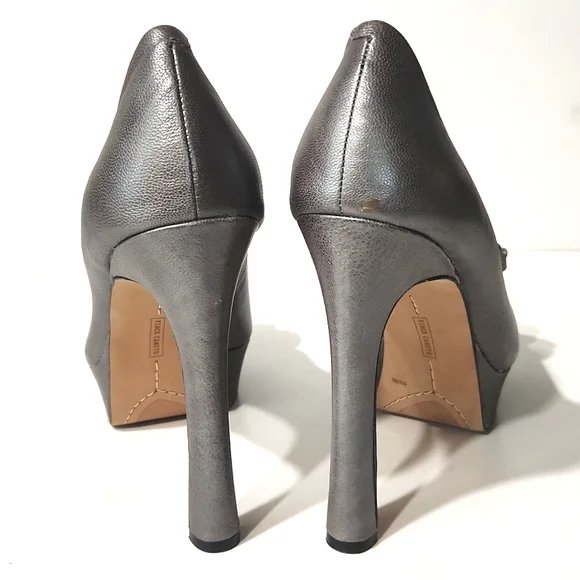 NEW Vince Camuto Leather Pewter Peep Toe Platform Bow Detail 5" Heels  Size 8.5B - Picture 4 of 15